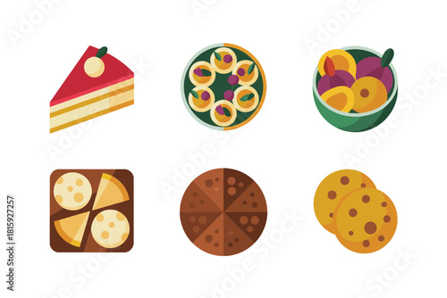 Bakery dessert icons, cake slice, fruit salad bowl, cookie assortment, chocolate biscuit, sweet snack collection, vector illustration