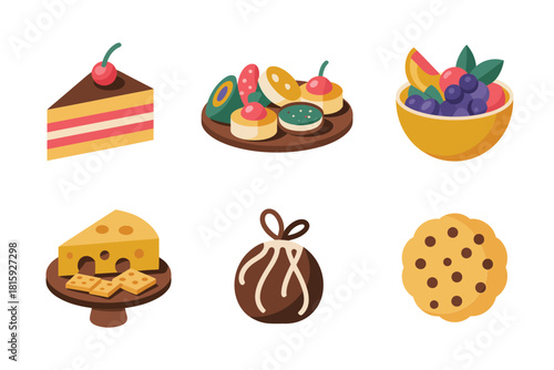 Celebration sweets icons, dessert cake slice, appetizer platter, fruit salad bowl, muffin cupcake, wrapped candy, cookie, vector illustration