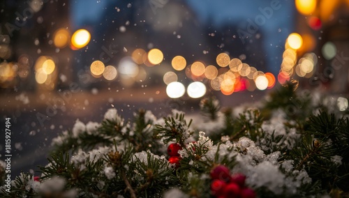 Snowy Street Scene With Festive Decorations During Winter Evening