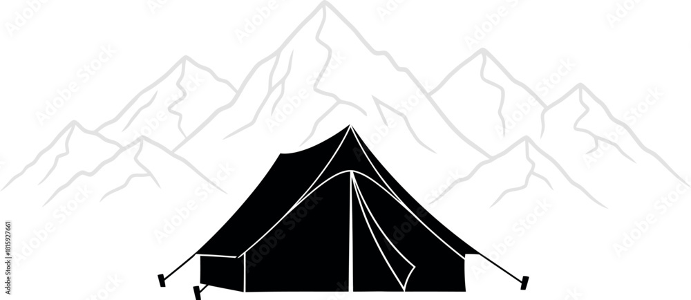 Fototapeta premium A black silhouette of a camping tent pitched against a backdrop of mountains, isolated on