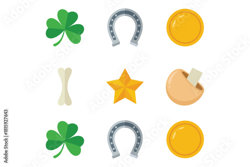 Lucky symbols icons, clover leaves, horseshoe charm, gold coin, star badge, wishbone, fortune cookie piece, optimistic vector illustration