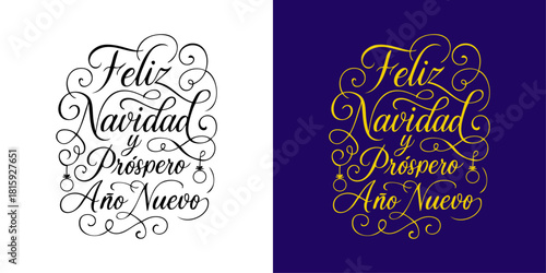 Logo de Navidad. Grupo de mensajes en español Feliz Navidad y Próspero Año Nuevo con florituras de adorno con bolas de navidad