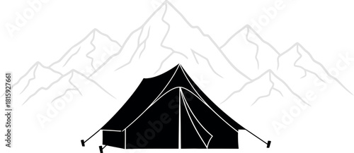A black silhouette of a camping tent pitched against a backdrop of mountains, isolated on