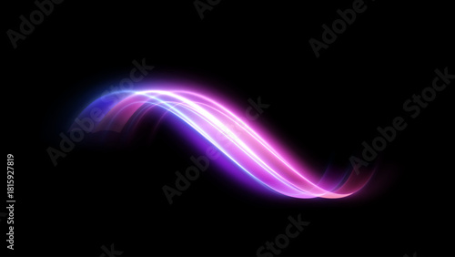 Futuristic motion vector background with neon light trails streaking through dark scene. Perfect for illustrating cyberpunk aesthetics, tech innovation, data transfer speed, and digital connectivity