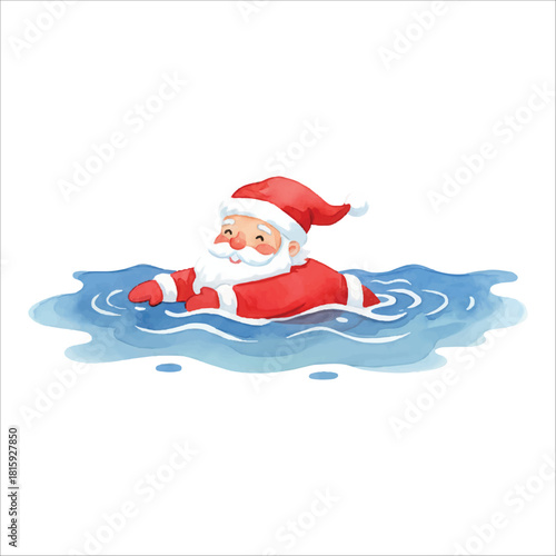 Watercolor Santa Claus swimming in water, Christmas vector illustration isolated on white background
