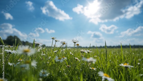 Bright Summer Day With Daisies Blooming in a Green Field Under a Clear Blue Sky