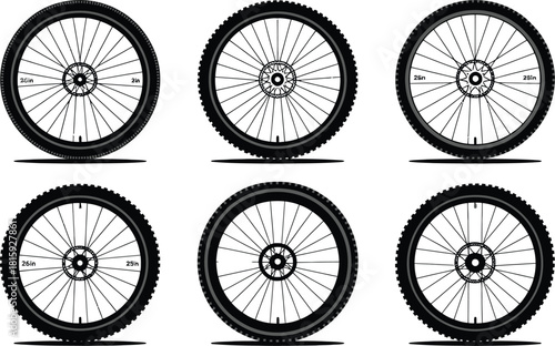 Six Bicycle Wheels Illustrated with Different Sizes and Spoke Patterns