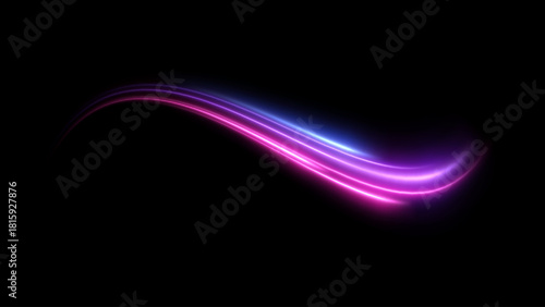 Futuristic motion vector background with neon light trails streaking through dark scene. Perfect for illustrating cyberpunk aesthetics, tech innovation, data transfer speed, and digital connectivity