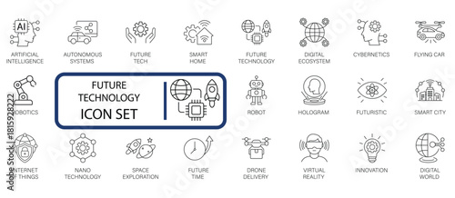 Future Technology, AI, Robotics, and IoT line icon set. Essential for modern concepts like Smart City, VR, Cybernetics, and Space Exploration