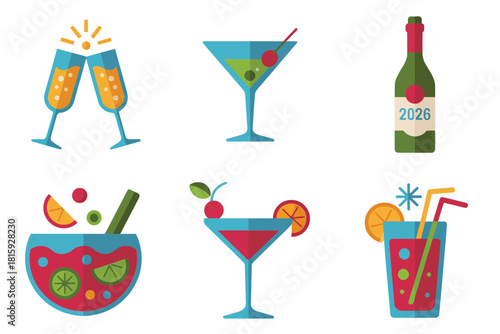 Holiday drink set, celebratory champagne flutes, classic martini, fruity cocktail, 2026 bottle label, bright highball glass garnish