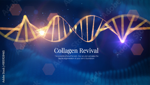 Glowing golden DNA strand intertwined with collagen molecules. Represents next-generation skincare genetic research and luxury anti-aging cosmetic solutions. Science and beauty technology.