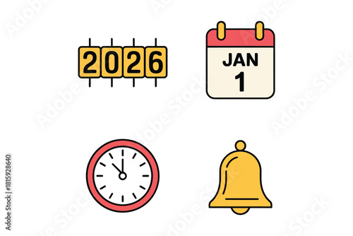 Time and date symbols, flip board 2026, january calendar page, ticking clock face, ceremonial bell, festive holiday icons