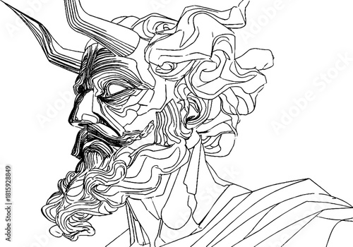 Abstract line drawing of Greek mythological figure, classical sculpture with bearded and horned. vector illustration