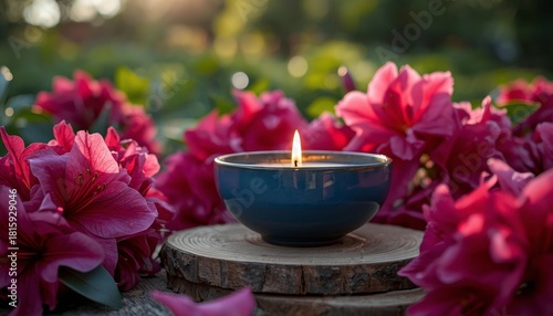 Beautiful Candle Surrounded by Vibrant Flowers in a Serene Outdoor Setting Du...