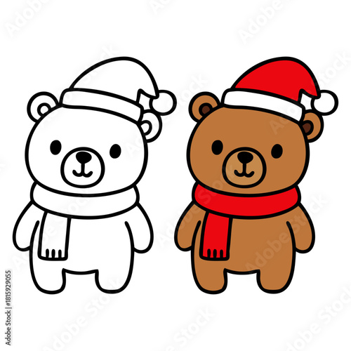 Dibujo sencillo con líneas de osito de peluche simpático con bufanda y sombrero de Santa Claus para tarjetas y felicitaciones de Navidad