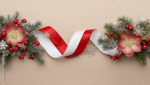 Festive Holiday Decorations With Red Flowers and Ribbons for Seasonal Celebra...