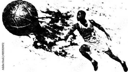 Basketball player silhouette in action. Dynamic black and white vector illustration of an athlete performing a dunk with a ball in motion.