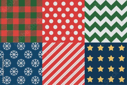 Festive digital paper pack, snowflake print, diagonal stripe, golden stars, check plaid, zigzag chevron, winter wrapping background vector