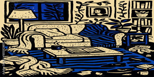 Cozy lived-in home scene

Shoes on floor lifestyle detail

Blankets draped couch illustration

Contemporary home decor art

Stylish residential interior drawing