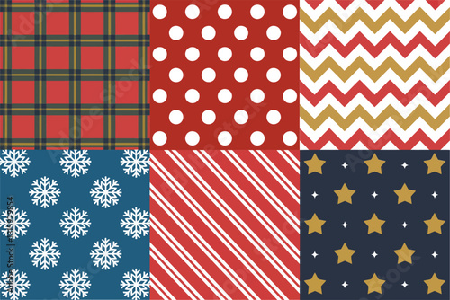 Holiday patchwork background, red polka dots, plaid checks, navy snowflakes, diagonal stripes, star pattern squares, winter scrapbook vector