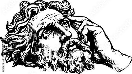 Bust of an ancient Greek philosopher in a monochrome vector illustration. Elegant sketch style with detailed expression and historical significance.