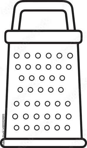 A minimalist black and white line illustration of a classic four-sided box grater with a handle on top.