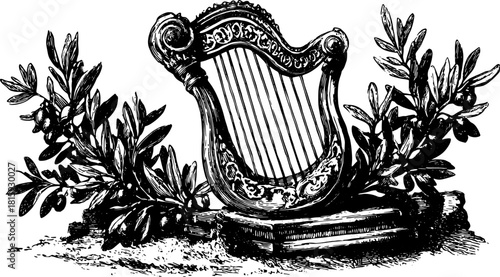 Classical Greek lyre instrument with ornate design. Vintage black and white vector illustration set featuring decorative leaves and historical details.