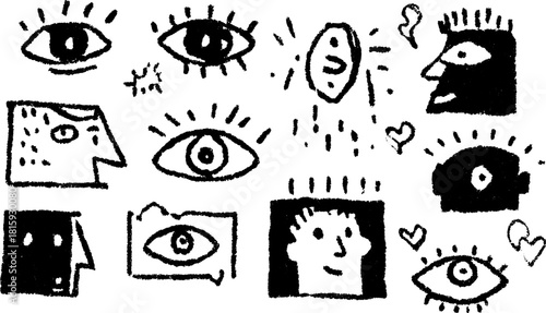 Cartoon eye doodles in hand-drawn style. Black outline illustrations featuring simple faces, set in vector format.