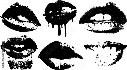 Stylized lips in black and white vector illustration. Simple design showcasing unique expressions in a creative set.