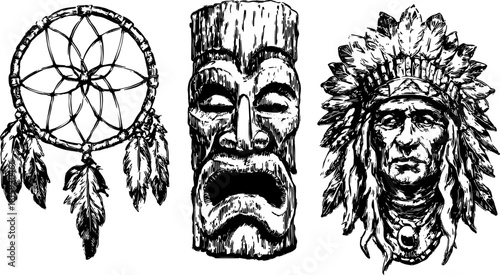 Dreamcatcher, indigenous mask, and tribal character in engraving style. Black and white vector illustration set reflecting cultural heritage.