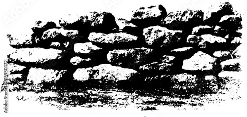 Antique engraving of a stone wall. Black silhouette illustration showcasing textured rocks in a vintage vector style.