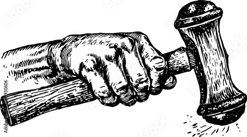 Hand holding a vintage hammer tool illustration. The black and white vector illustration highlights craftsmanship in a clear and concise style.