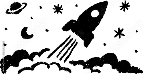 Rocket launching into space in hand-drawn black and white style. This vector illustration features clouds, stars, and planets, creating a cosmic theme.