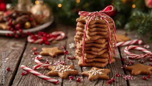 Festive Cookies Stacked With Candy Canes on a Wooden Table Surrounded by Holi...