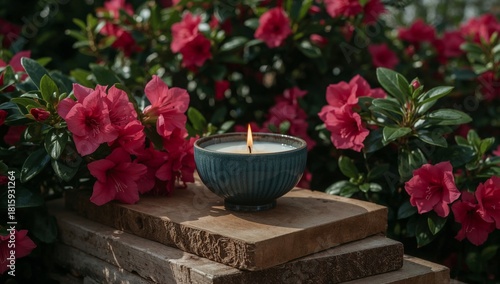 Colorful Flowers Surround a Lit Candle on a Wooden Platform in a Garden Setti...