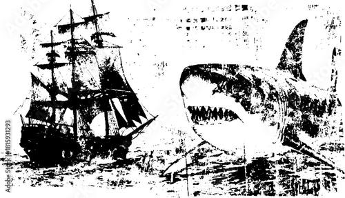 Engraving of a ship and shark. Black and white vector illustration captures maritime adventure in a classic style, suitable for artistic set uses.