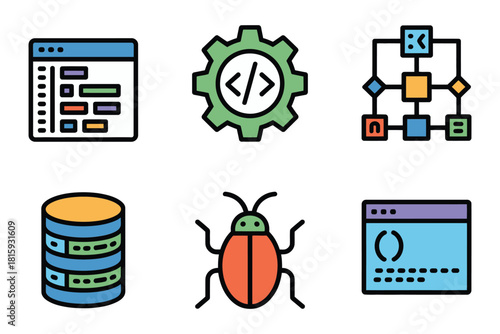 Software development icons, programming window, code gear settings, workflow diagram, database storage, bug testing, browser interface, vector