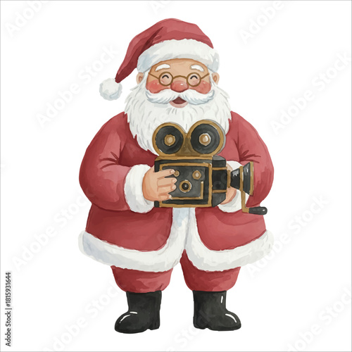 Watercolor Santa Claus movie director with vintage camera, Christmas vector illustration isolated on white
