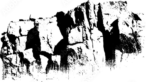 Antique engraving of a rocky cliff silhouette. Detailed hand-drawn illustration in black and white, showcasing the natural scenery. Vector art.
