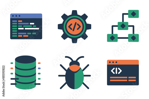 Coding and devops icons, script window, cogwheel settings, system architecture chart, database server, bug detection, web interface vector
