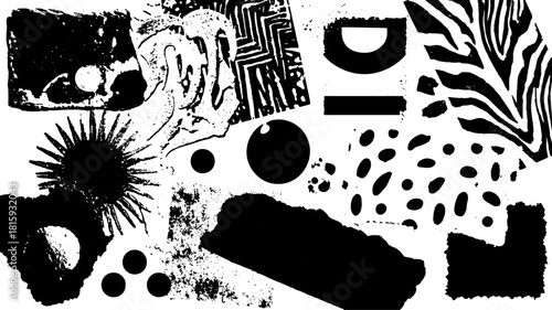Abstract monochrome texture design featuring layered patterns. Unique vector illustration set with various shapes and elements for creative projects.