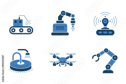 Automation production icons, conveyor with robotic arm, surveillance drone, floor vacuum robot, assembly manipulator, industry technology vector