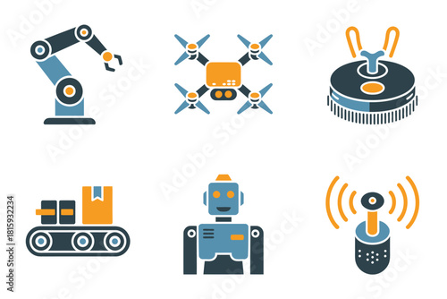 Factory robotics illustration set, articulated arm, quadcopter with sensors, production conveyor, service robot head, wireless beacon signal