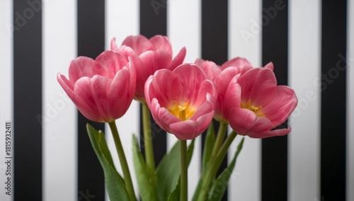 Bright Pink Tulips in a Vase Against a Striped Background Create a Cheerful A...