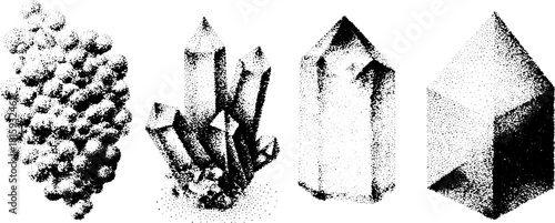 Crystal geodes and stones with natural textures. Detailed vector illustration showcasing various shapes in a set format.