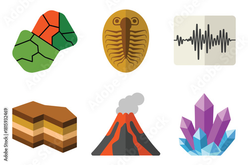 Geology and paleontology icons, cracked rock map, trilobite fossil, seismograph waveform, sediment rock layers, erupting volcano, crystals, vector