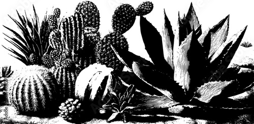 Cactus and agave plants in black and white. Detailed botanical vector illustration, suitable for various decorative uses in a set.