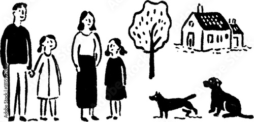 Family illustration featuring parents and children outdoors. A simple black and white vector set with a house, tree, and pets included in the scene.