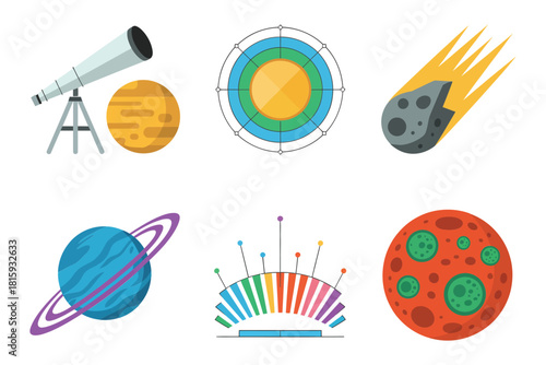 Astronomy icons pack, telescope on tripod, ringed planet, meteor streak, orbital diagram, spectra waves, textured world surface, vector