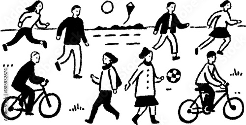 People engaged in various outdoor activities: running, biking, and walking. A lively set shown in simple black and white vector illustration.